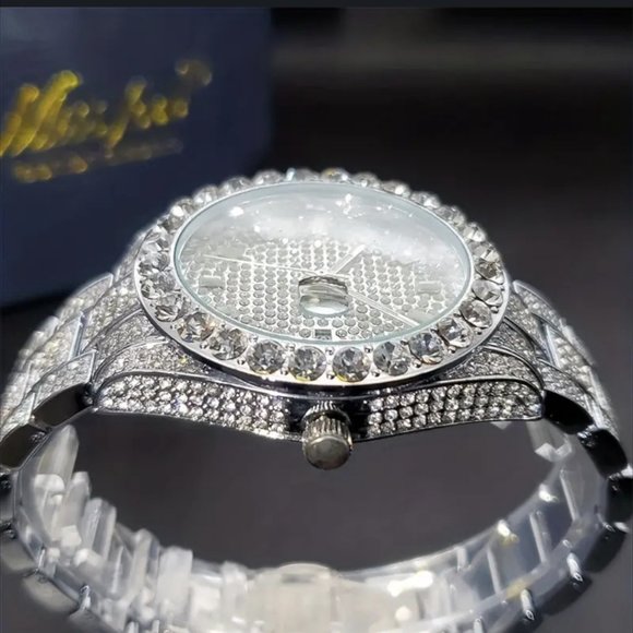 COPY - Silver Luxury Men's Watch Iced Out Twinkle Big Faux Diamond Quartz Watch - Picture 3 of 6